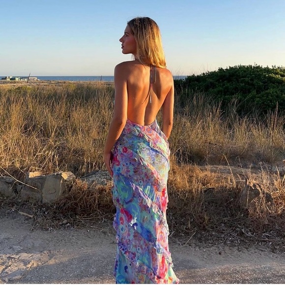 Zara ruffle printed halter midi Dress NEW - Picture 2 of 14